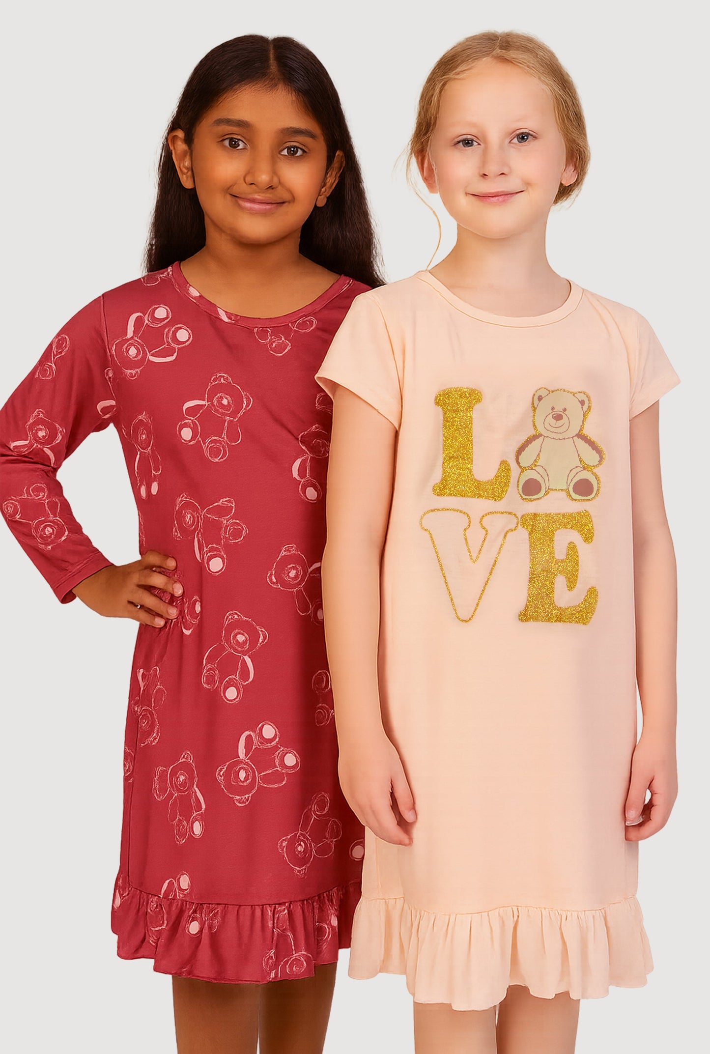 Girls Love Bear Print Nightgowns 2 Pack